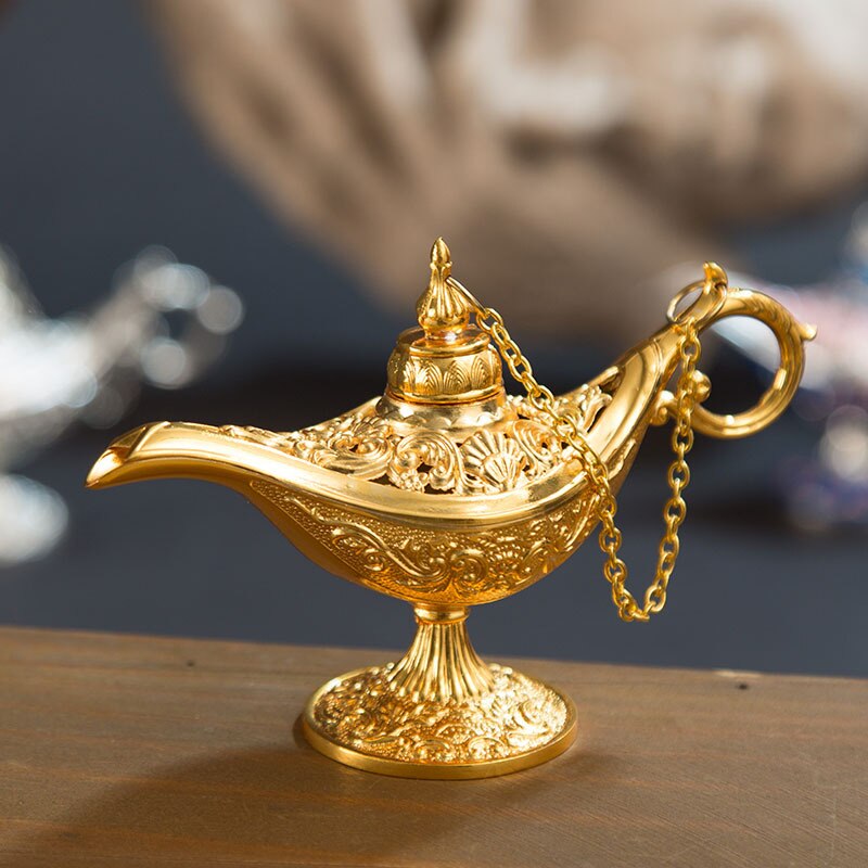 Classic Rare Hollow Legend Aladdin Magic Genie Lamps Incense Burners Metal 12cm(4.7")Retro Wishing Oil Lamp Home Decor Gift