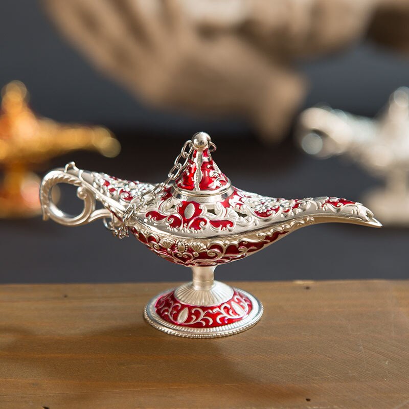Classic Rare Hollow Legend Aladdin Magic Genie Lamps Incense Burners Metal 12cm(4.7")Retro Wishing Oil Lamp Home Decor Gift