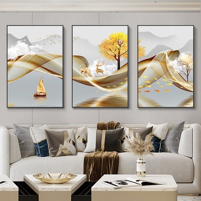 3 Pieces Nordic Luxury Ribbon Abstract Landscape Wall Art Canvas Paintings Modern Gold Deer Poster Print Picture for Home Decor