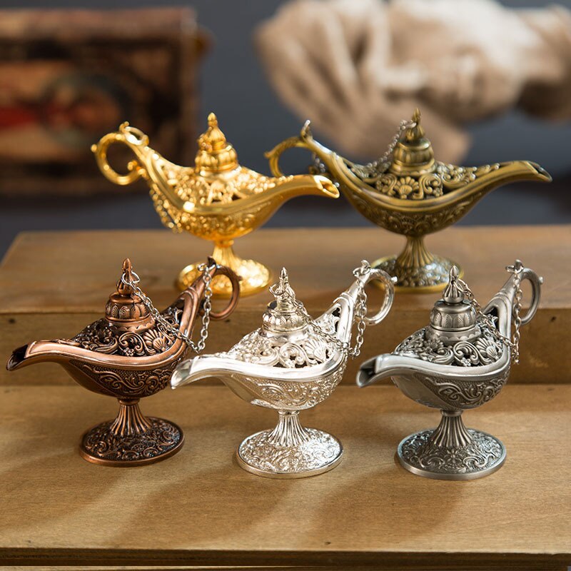 Classic Rare Hollow Legend Aladdin Magic Genie Lamps Incense Burners Metal 12cm(4.7")Retro Wishing Oil Lamp Home Decor Gift