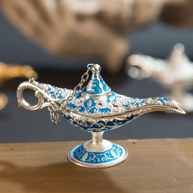 Classic Rare Hollow Legend Aladdin Magic Genie Lamps Incense Burners Metal 12cm(4.7")Retro Wishing Oil Lamp Home Decor Gift