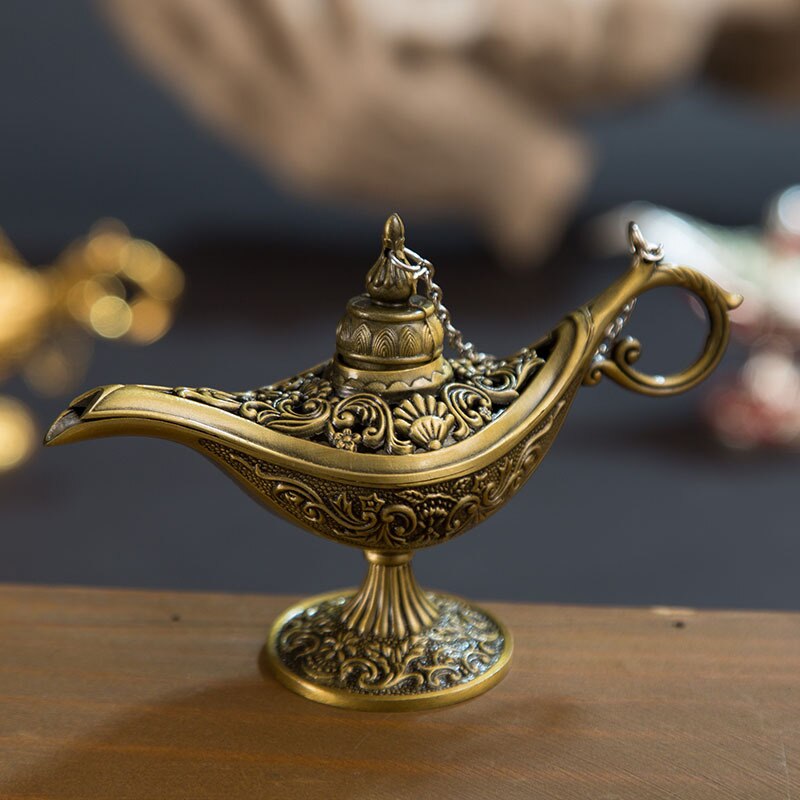 Classic Rare Hollow Legend Aladdin Magic Genie Lamps Incense Burners Metal 12cm(4.7")Retro Wishing Oil Lamp Home Decor Gift