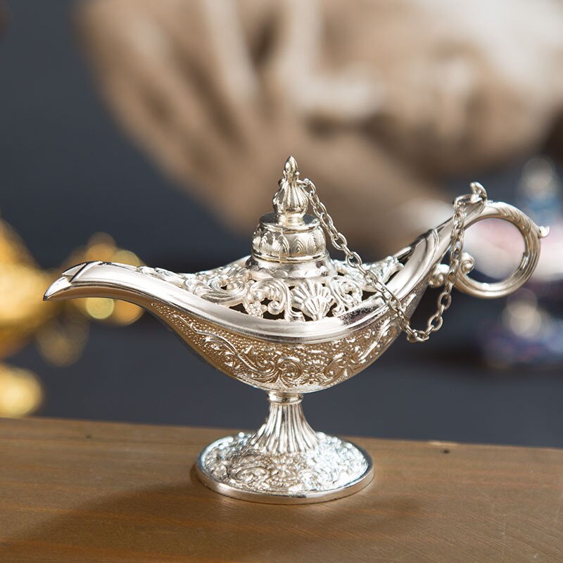 Classic Rare Hollow Legend Aladdin Magic Genie Lamps Incense Burners Metal 12cm(4.7")Retro Wishing Oil Lamp Home Decor Gift