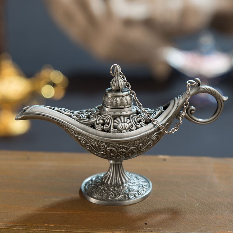 Classic Rare Hollow Legend Aladdin Magic Genie Lamps Incense Burners Metal 12cm(4.7")Retro Wishing Oil Lamp Home Decor Gift
