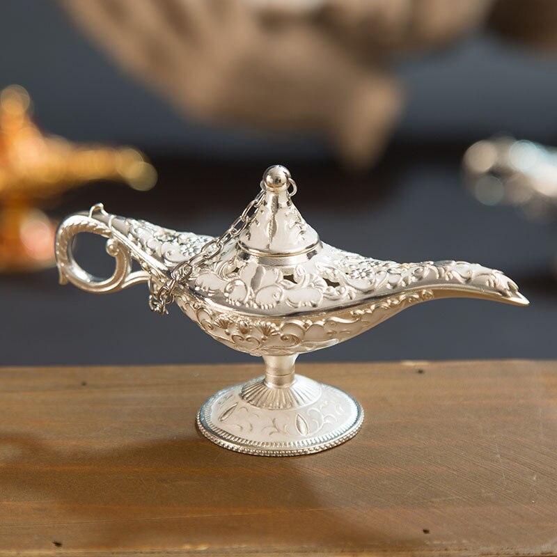 Classic Rare Hollow Legend Aladdin Magic Genie Lamps Incense Burners Metal 12cm(4.7")Retro Wishing Oil Lamp Home Decor Gift