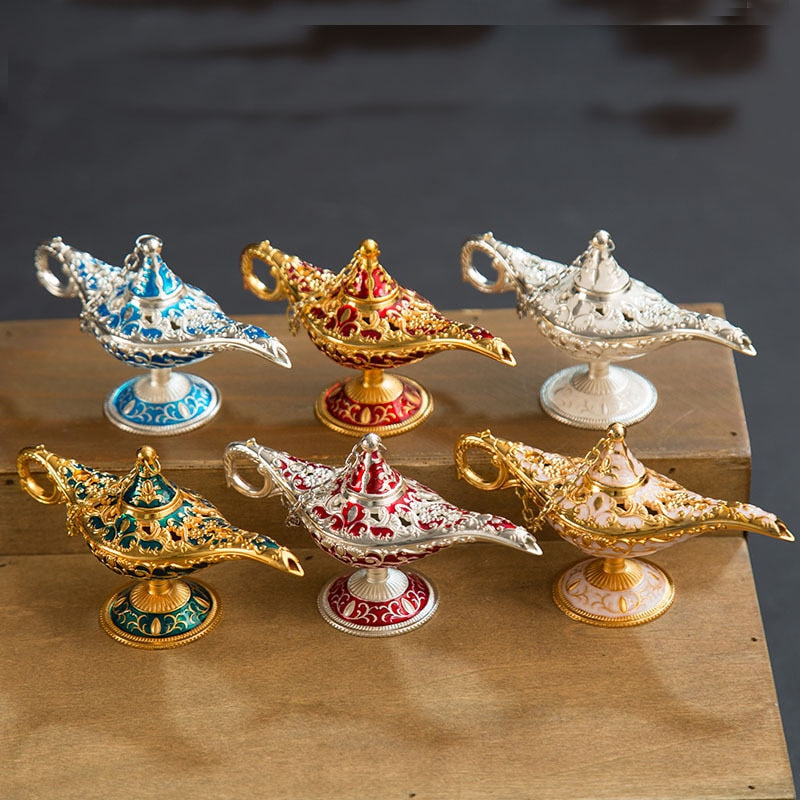 Classic Rare Hollow Legend Aladdin Magic Genie Lamps Incense Burners Metal 12cm(4.7")Retro Wishing Oil Lamp Home Decor Gift