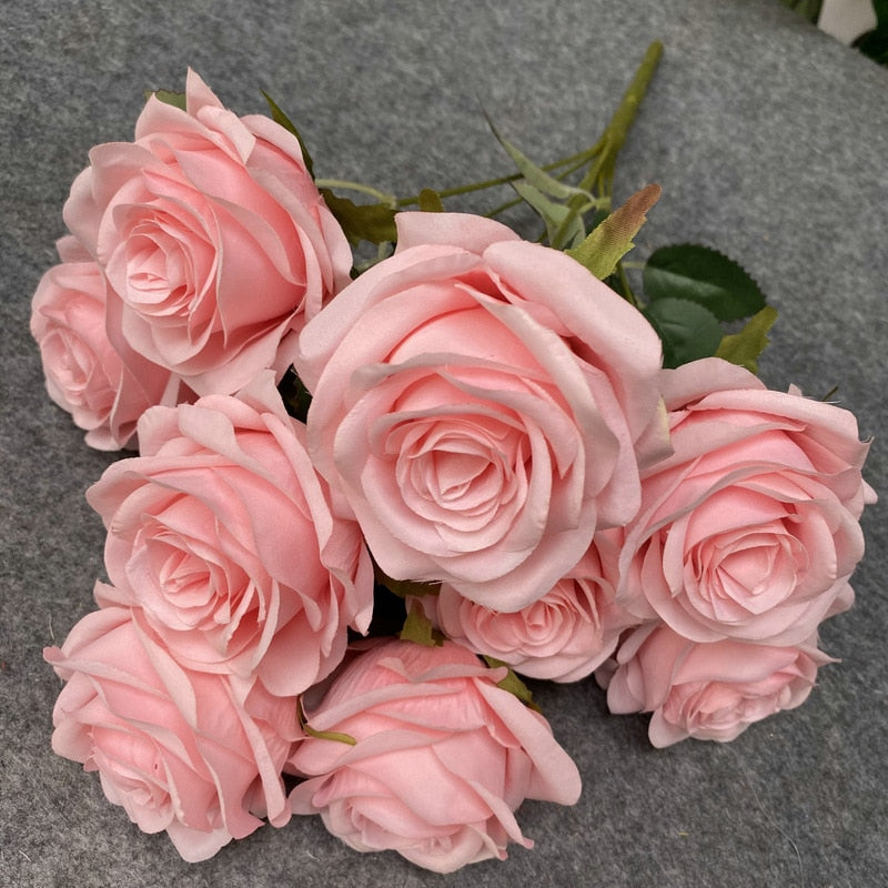 9 Head Artificial Pink Rose Wedding Bridal Bouquet Photography Props Home Garden Decoration Garden Decoration Ornaments