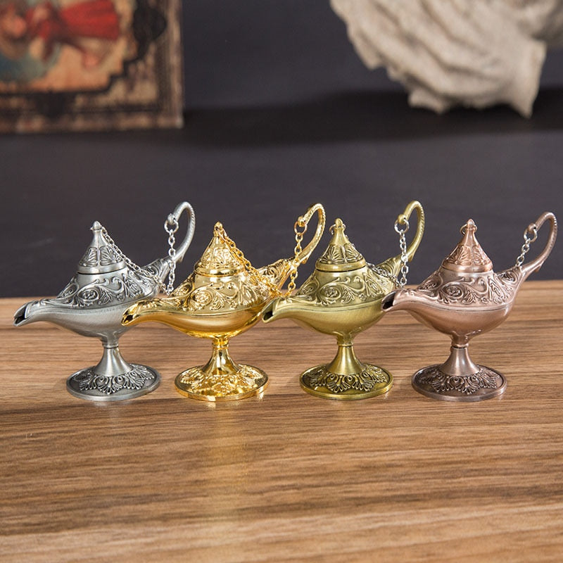 Classic Rare Hollow Legend Aladdin Magic Genie Lamps Incense Burners Metal 12cm(4.7")Retro Wishing Oil Lamp Home Decor Gift